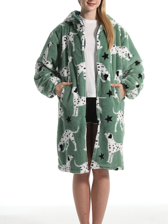Women's Robe Dog Plush Casual Comfort Home Daily Bed Flannel Warm Breathable Hoodie Long Sleeve Pocket Fall Winter Green 2 Women's Robe Dog Plush Casual Comfort Home Daily Bed Flannel Warm Breathable Hoodie Long Sleeve Pocket Fall Winter Green - Image 2