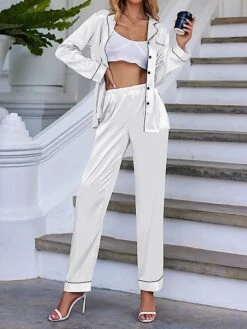 Women's Satin Silk Lounge Sets Satin Pajama Sets Pure Color Fashion Casual Comfort Home Daily Bed Satin Breathable Lapel Long Sleeve Shirt Pant Button Pocket Summer Fall Black White -Deals The Sexy Bra Store bbjeil1689596443082