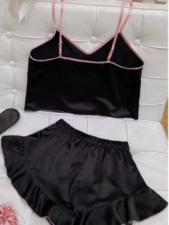Women's Pajamas Pajama Top And Pant Sets Pure Color Simple Casual Soft Home Daily Bed Satin Breathable Straps Short Sleeve Strap Top Shorts Summer Spring Lotus Pink Black -Deals The Sexy Bra Store bbnyoe1680597767379