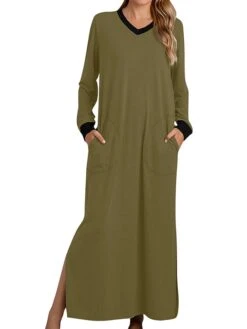 Women's Pajamas Nightgown Nightshirt Dress Patchwork Simple Casual Soft Home Daily Bed Cotton Warm Breathable V Wire Long Sleeve Pocket Summer Spring ArmyGreen Black -Deals The Sexy Bra Store bbobiz1694417510320
