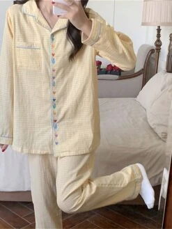 Women's Loungewear Sets Heart Grid / Plaid Fashion Comfort Soft Home Daily Bed Cotton Breathable Lapel Long Sleeve Shirt Pant Button Pocket Fall Winter Yellow -Deals The Sexy Bra Store bbxenh1695281900226