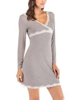 Women's Pajamas Nightgown Nighty Pure Color Simple Comfort Home Daily Bed Modal Breathable Gift V Wire Long Sleeve Lace Basic Spring Summer Black Gray -Deals The Sexy Bra Store bcavec1647237786880