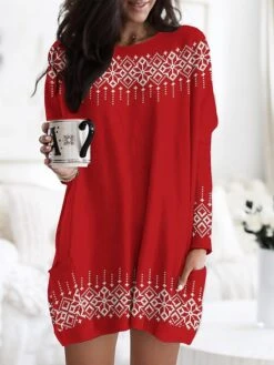 Women's Nightgown Geometic Fashion Comfort Xmas Home Christmas Polyester Crew Neck Long Sleeve Pocket Fall Winter Black Red