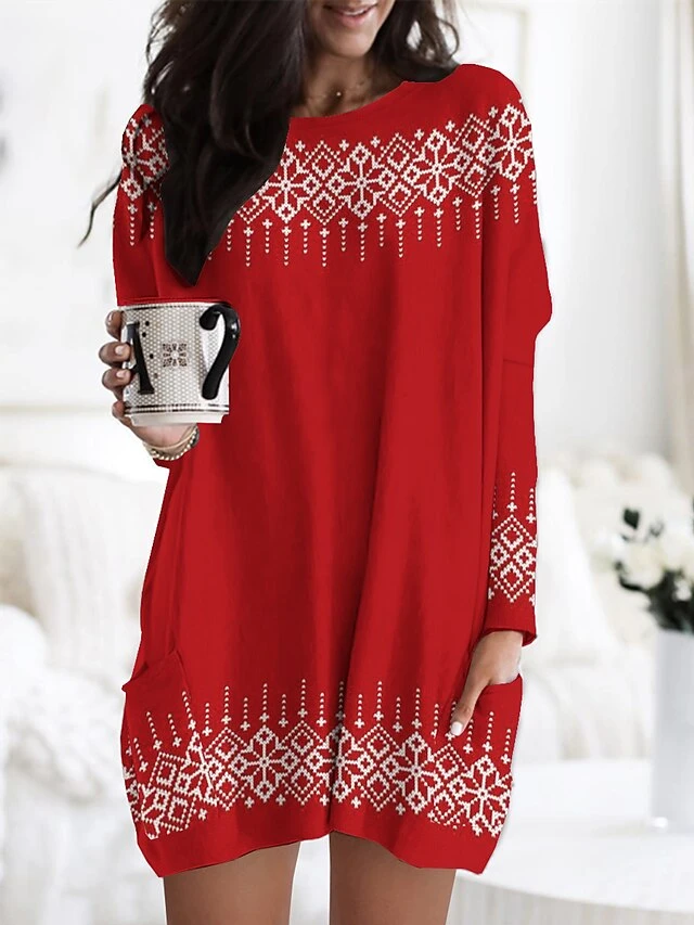 Women's Nightgown Geometic Fashion Comfort Xmas Home Christmas Polyester Crew Neck Long Sleeve Pocket Fall Winter Black Red 1 Women's Nightgown Geometic Fashion Comfort Xmas Home Christmas Polyester Crew Neck Long Sleeve Pocket Fall Winter Black Red