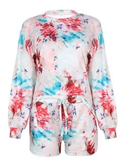 Women's Pajamas Sets Tie Dye Fashion Casual Home Daily Polyester Warm Breathable Crew Neck Long Sleeve Pullover Shorts Pocket Elastic Waist Summer Spring Photo Color -Deals The Sexy Bra Store bcnwja1693467424606