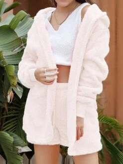 Women's Pajamas Sets Pure Color Warm Fashion Soft Home Daily Bed Polyester Warm Hoodie Long Sleeve Tank Top Shorts Hoodie Fall Winter Deep Purple Off White -Deals The Sexy Bra Store bdfbpm1692689281145