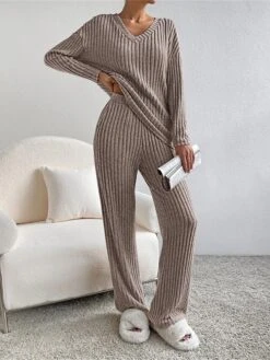 Women's Loungewear Sets Knit Drop Shoulder Tee Sweater And Pants Pure Color Home Street Daily Polyester Breathable V Wire Long Sleeve Sweater Pant Pocket Fall Winter Black Blue -Deals The Sexy Bra Store bdpmzv1692950063492