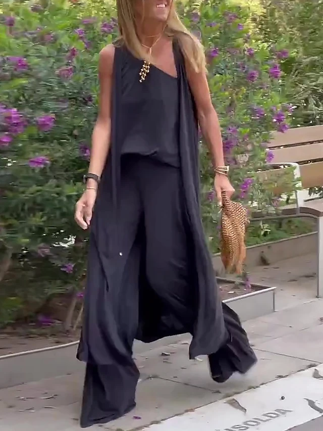 Women's Sets 4 Pcs Cotton And Spandex One Shoulder Shirt Long Vest Cardigan And Wide Leg Pants Pure Color Comfort Soft Home Daily Jersey Summer Spring Black Gray 7 Women's Sets 4 Pcs Cotton And Spandex One Shoulder Shirt Long Vest Cardigan And Wide Leg Pants Pure Color Comfort Soft Home Daily Jersey Summer Spring Black Gray - Image 7
