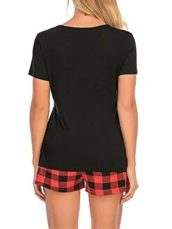 Women's Pajamas Pajama Top And Pant Sets Leopard Grid / Plaid Simple Casual Comfort Home Daily Bed Cotton Breathable V Wire Short Sleeve T Shirt Tee Shorts Elastic Waist Summer Spring Black Red Black -Deals The Sexy Bra Store bdwroe1680074879169