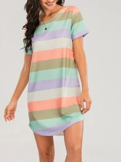 Women's Pajamas Nightgown Dress Rainbow Stripe Fashion Casual Soft Home Daily Bed Cotton Blend Breathable Crew Neck Short Sleeve Backless Summer Spring Blue Light Blue -Deals The Sexy Bra Store beonpf1679451337996