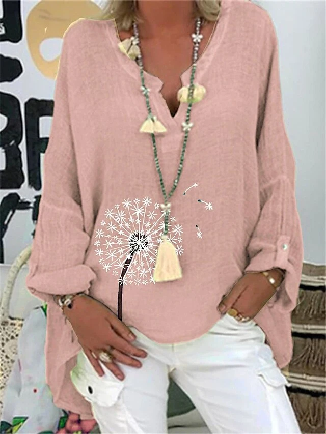 Women's Loungewear Top Flower Fashion Casual Street Date Airport Linen Breathable V Wire Long Sleeve Backless Summer Spring Pink Navy Blue 2 Women's Loungewear Top Flower Fashion Casual Street Date Airport Linen Breathable V Wire Long Sleeve Backless Summer Spring Pink Navy Blue - Image 2