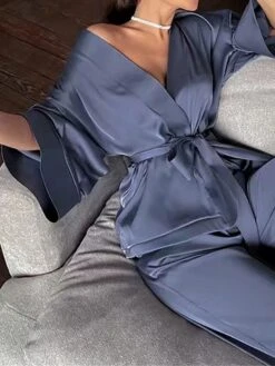 Women's Loungewear Sets 2 Pieces Pure Color Fashion Casual Comfort Street Xmas Daily Date Satin Breathable Plunging Neck Long Sleeve Pant Summer Fall Black Pink -Deals The Sexy Bra Store bfgbdm1689581305912