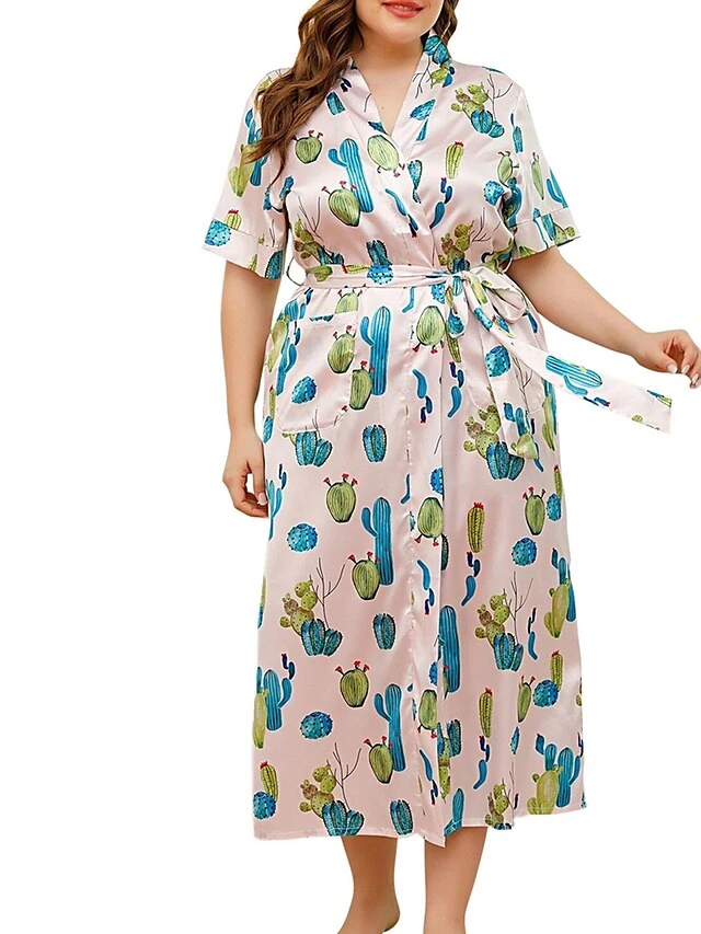 Women's Plus Size Loungewear Bathrobe Robes Gown Nightgown Flower Casual Comfort Soft Home Daily Bed Polyester Breathable V Wire Short Sleeve Dress Spring Summer Light Pink Black 13 Women's Plus Size Loungewear Bathrobe Robes Gown Nightgown Flower Casual Comfort Soft Home Daily Bed Polyester Breathable V Wire Short Sleeve Dress Spring Summer Light Pink Black - Image 13