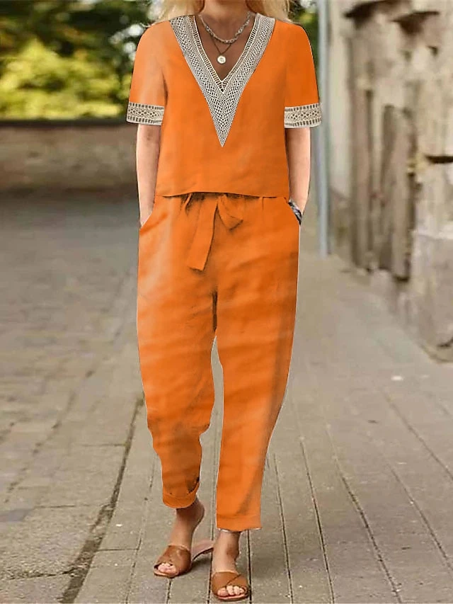 Women's Loungewear Sets 2 Pcs Cotton Blend Breathable Abstract Flower Print Casual Home Street Daily Stand Collar Half Sleeve Pullover Pants Pocket Belt Included Summer Spring White Light Green 2 Women's Loungewear Sets 2 Pcs Cotton Blend Breathable Abstract Flower Print Casual Home Street Daily Stand Collar Half Sleeve Pullover Pants Pocket Belt Included Summer Spring White Light Green - Image 2