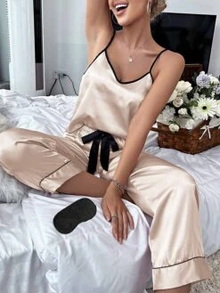 Women's Pajamas Pajama Top And Pant Sets Pure Color Simple Casual Soft Home Daily Bed Satin Breathable Straps Sleeveless Strap Top Pant Summer Spring Lotus Pink Black -Deals The Sexy Bra Store bkamad1680597777893