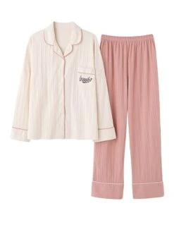 Women's Pajamas Pajama Top And Pant Sets Letter Flower Tights / Leggings Casual Comfort Home Daily Bed Cotton Breathable Lapel Long Sleeve Shirt Pant Button Pocket Summer Fall White Pink -Deals The Sexy Bra Store bkdjpm1689581318346