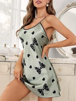 Women's Pajamas Nightgown Nightshirt Dress Dot Fashion Casual Soft Home Daily Bed Satin Breathable Straps Sleeveless Backless Summer Spring Green -Deals The Sexy Bra Store bkikyh1684232842255