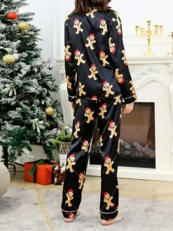 Women's Christmas Pajamas Sets Cartoon Color Combo Simple Casual Comfort Home Bed Satin Breathable Lapel Long Sleeve Shirt Pant Button Pocket Fall Winter Black -Deals The Sexy Bra Store blhffh1696751786954