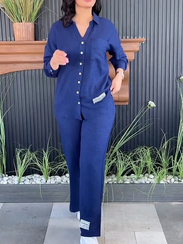 Women's Pajamas Sets Pure Color Casual Comfort Home Daily Bed Polyester Breathable Lapel Long Sleeve Shirt Pant Button Fall Winter Black Blue 1 Women's Pajamas Sets Pure Color Casual Comfort Home Daily Bed Polyester Breathable Lapel Long Sleeve Shirt Pant Button Fall Winter Black Blue