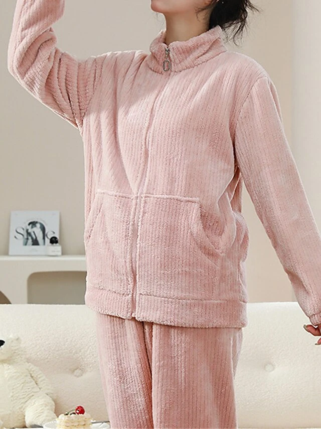 Women's Fleece Pajamas Sets Pure Color Warm Fashion Plush Home Daily Bed Flannel Warm Breathable Stand Collar Long Sleeve Cardigan Pant Fall Winter 6 Women's Fleece Pajamas Sets Pure Color Warm Fashion Plush Home Daily Bed Flannel Warm Breathable Stand Collar Long Sleeve Cardigan Pant Fall Winter - Image 6