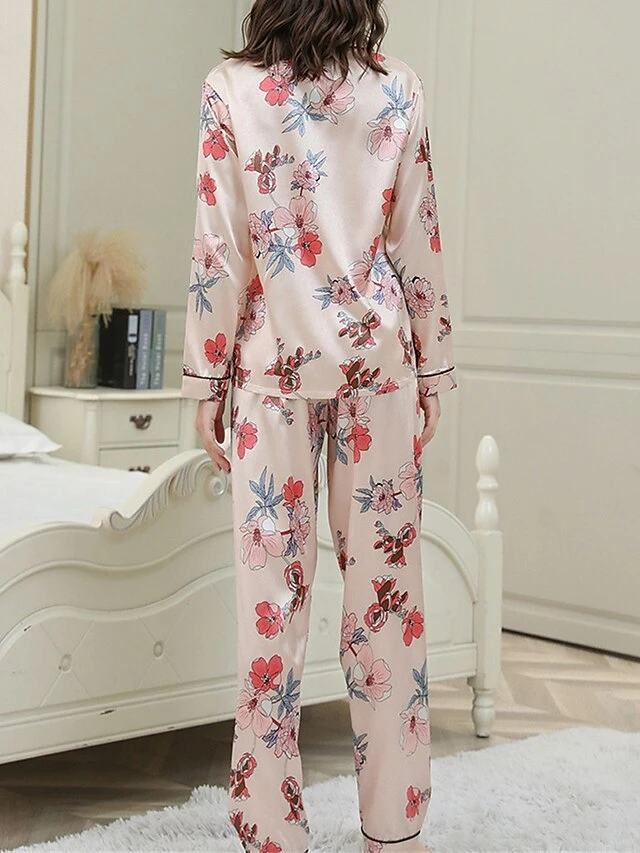 Women's Pajamas Sets Flower Fashion Comfort Soft Home Daily Bed Satin Breathable Lapel Long Sleeve Shirt Pant Button Pocket Fall Winter Pink 6 Women's Pajamas Sets Flower Fashion Comfort Soft Home Daily Bed Satin Breathable Lapel Long Sleeve Shirt Pant Button Pocket Fall Winter Pink - Image 6