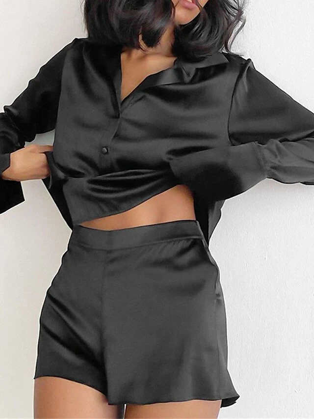 Women's Pajamas Pajama Top And Pant Sets Pure Color Simple Casual Soft Home Daily Bed Satin Breathable Lapel Long Sleeve Shirt Shorts Spring Summer Black White 2 Women's Pajamas Pajama Top And Pant Sets Pure Color Simple Casual Soft Home Daily Bed Satin Breathable Lapel Long Sleeve Shirt Shorts Spring Summer Black White - Image 2