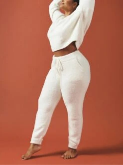 Women's Pajamas Sets Pure Color Warm Fashion Casual Home Daily Bed Polyester Breathable Crew Neck Long Sleeve Pant Fall Winter White Pink -Deals The Sexy Bra Store bovfrm1692348313536