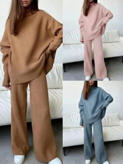 Women's Loungewear Sets Solid Turtle Neck Wide Leg Fashion Casual Comfort Home Street Daily Polyester Breathable High Neck Long Sleeve Sweater Pant Fall Winter Pink Brown -Deals The Sexy Bra Store bpiacr1697181687430