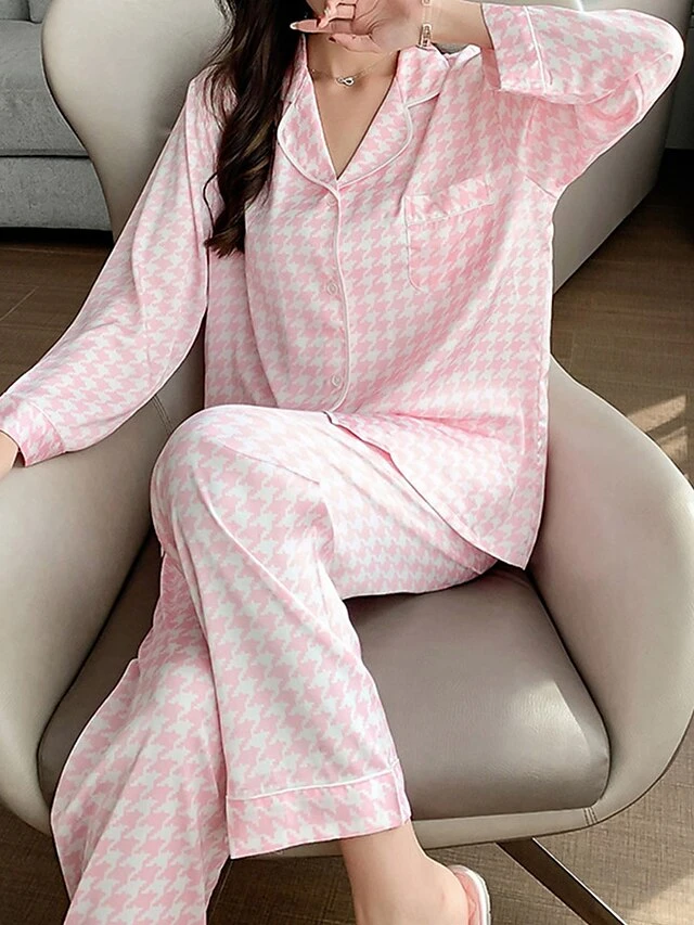 Women's Loungewear Sets Grid / Plaid Fashion Comfort Soft Home Daily Bed Ice Silk Breathable Lapel Long Sleeve Shirt Pant Button Pocket Fall Winter Black Pink 14 Women's Loungewear Sets Grid / Plaid Fashion Comfort Soft Home Daily Bed Ice Silk Breathable Lapel Long Sleeve Shirt Pant Button Pocket Fall Winter Black Pink - Image 14