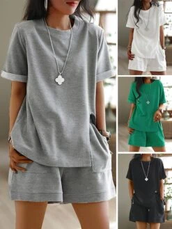 Women's Plus Size Loungewear Sets Pure Color Sport Casual Comfort Home Street Daily Polyester Breathable Crew Neck Short Sleeve T Shirt Tee Shorts Pocket Summer Spring Black White