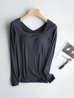 Women's Square Neck Pajama Top With Chest Pads Loungewear Top Pure Color Fashion Casual Comfort Home Street Daily Polyester Breathable Square Neck Long Sleeve Fall Winter Black White Yellow -Deals The Sexy Bra Store bqfgox1697699931740