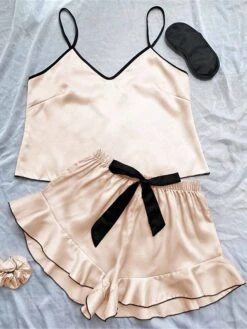 Women's Pajamas Pajama Top And Pant Sets Pure Color Simple Casual Soft Home Daily Bed Satin Breathable Straps Short Sleeve Strap Top Shorts Summer Spring Lotus Pink Black -Deals The Sexy Bra Store bqllfx1680597780412