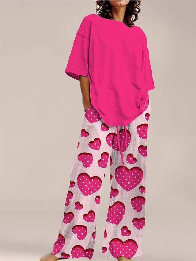 Women's Pajama Top And Pant Heart Stripe Comfort Home Daily Polyester Crew Neck Summer Spring Light Pink White Powder 1 Women's Pajama Top And Pant Heart Stripe Comfort Home Daily Polyester Crew Neck Summer Spring Light Pink White Powder