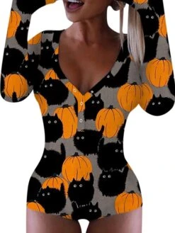 Women's Pajamas Onesie Cat Pumpkin Retro Gothic Punk & Gothic Carnival Halloween Polyester Breathable Crew Neck Long Sleeve Fall Winter Black White -Deals The Sexy Bra Store bshyov1692257139890