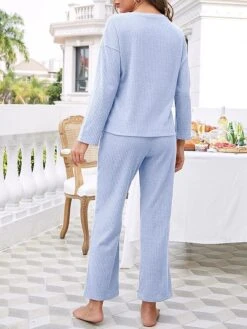 Women's Pajamas Pajama Top And Pant Sets Pure Color Fashion Casual Soft Home Daily Bed Polyester Breathable Crew Neck Long Sleeve T Shirt Tee Shorts Elastic Waist Summer Fall Navy Blue Blue -Deals The Sexy Bra Store buzday1689326445965