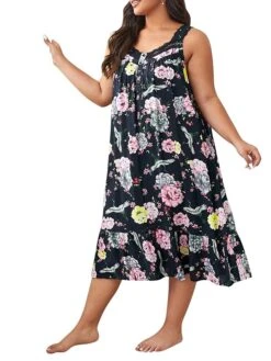 Women's Plus Size Loungewear Dress Flower Casual Comfort Soft Home Daily Bed Polyester Breathable Straps Sleeveless Dress Spring Summer Black Pink -Deals The Sexy Bra Store buzwdk1676281704329