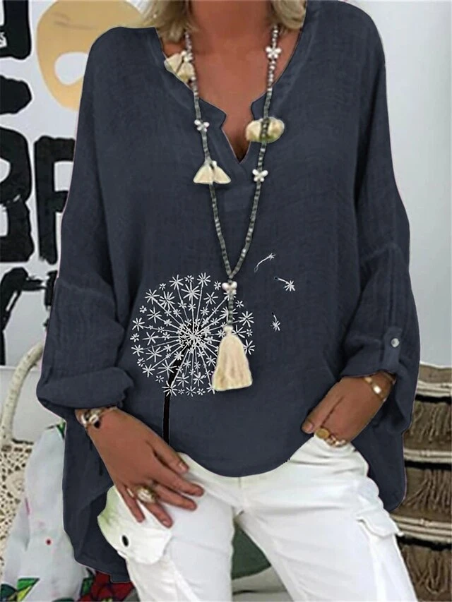 Women's Loungewear Top Flower Fashion Casual Street Date Airport Linen Breathable V Wire Long Sleeve Backless Summer Spring Pink Navy Blue 4 Women's Loungewear Top Flower Fashion Casual Street Date Airport Linen Breathable V Wire Long Sleeve Backless Summer Spring Pink Navy Blue - Image 4