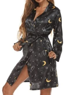 Women's Pajamas Robes Gown Bathrobes Nighty 1 PCS Star Flower Fashion Retro Comfort Home Wedding Party Spa Satin V Wire Long Sleeve Print Belt Included Spring Summer Black Blue -Deals The Sexy Bra Store bwqrtp1643189539035