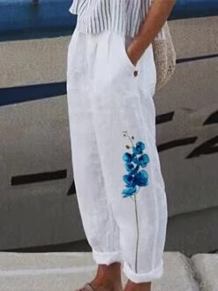 Women's Plus Size Loungewear Bottom Nighty Flower Simple Comfort Home Street Vacation Cotton And Linen Breathable Long Pant Elastic Waist Spring Summer White Black -Deals The Sexy Bra Store bwvuup1658800440082