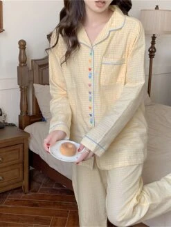 Women's Loungewear Sets Heart Grid / Plaid Fashion Comfort Soft Home Daily Bed Cotton Breathable Lapel Long Sleeve Shirt Pant Button Pocket Fall Winter Yellow -Deals The Sexy Bra Store bxayly1695281898374