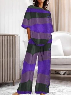 Women's Pajama Top And Pant Stripe Comfort Home Daily Polyester Crew Neck Summer Spring Yellow Pink -Deals The Sexy Bra Store bxbylh1686296173705