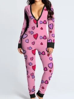 Women's Onesies Pajama For Adult Jumpsuits Nighty Heart Fashion Simple Comfort Home Daily BedBreathable Gift V Wire Long Sleeve Fall Spring Green Pink / Pjs / Print