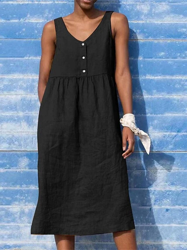 Women's Loungewear Nightshirt Dress Pure Color Fashion Comfort Soft Home Street Daily Linen Breathable V Wire Sleeveless Dress Button Pocket Summer Spring Black Yellow 3 Women's Loungewear Nightshirt Dress Pure Color Fashion Comfort Soft Home Street Daily Linen Breathable V Wire Sleeveless Dress Button Pocket Summer Spring Black Yellow - Image 3