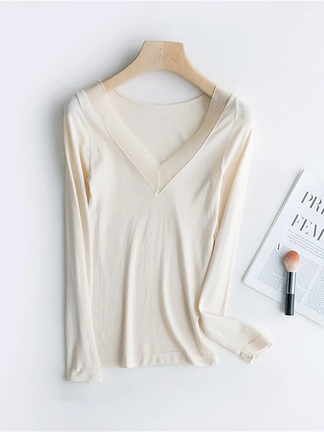 Women's Delong Thermal Shirt Top Pure Color Warm Simple Casual Home Daily Going Out Nylon Warm V Wire Long Sleeve Fall Winter Black Camel 8 Women's Delong Thermal Shirt Top Pure Color Warm Simple Casual Home Daily Going Out Nylon Warm V Wire Long Sleeve Fall Winter Black Camel - Image 8