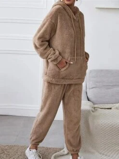 Women‘s Plush Lounge Sets Sleep Shirt Pure Color Simple Comfort Soft Home Daily Vacation Polyester Warm Hoodie Long Sleeve Pocket Winter Fall Brown / Plush -Deals The Sexy Bra Store bzontp1666950961910
