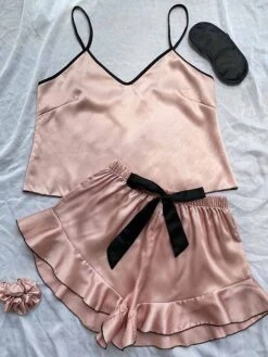 Women's Pajamas Pajama Top And Pant Sets Pure Color Simple Casual Soft Home Daily Bed Satin Breathable Straps Short Sleeve Strap Top Shorts Summer Spring Lotus Pink Black -Deals The Sexy Bra Store bzxngj1680597771038