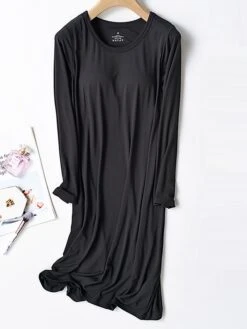 Women's Modal Nightgown With Chest Pads Nightdress Pure Color Simple Casual Comfort Home Daily Bed Breathable Crew Neck Long Sleeve Fall Winter Black Pink -Deals The Sexy Bra Store calhje1696839102215