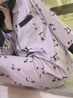 Women's Pajamas Sets Cat Letter Casual Comfort Soft Home Daily Bed Satin Breathable Lapel Long Sleeve Shirt Pant Button Pocket Fall Winter 8602#[Long Sleeve] 8101#[Long Sleeve] -Deals The Sexy Bra Store cbfkwx1697161953390