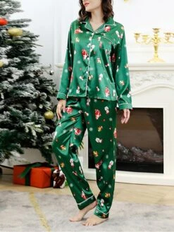 Women's Christmas Pajamas Sets Santa Claus Snowman Fashion Comfort Soft Home Xmas Daily Satin Breathable Lapel Long Sleeve Shirt Pant Button Pocket Fall Winter Green