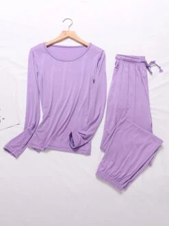 Women's Pajamas Sets Pure Color Casual Comfort Soft Home Daily Vacation Modal Crew Neck Long Sleeve T Shirt Tee Pocket Fall Winter Light Pink Matcha Green -Deals The Sexy Bra Store cbtoqh1693467431563